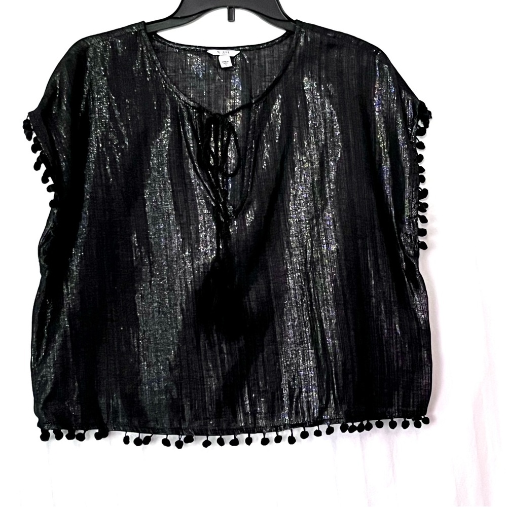 Guess Dressy Black Metallic Pom Pom Crop Top Large Fringe Tie Closure